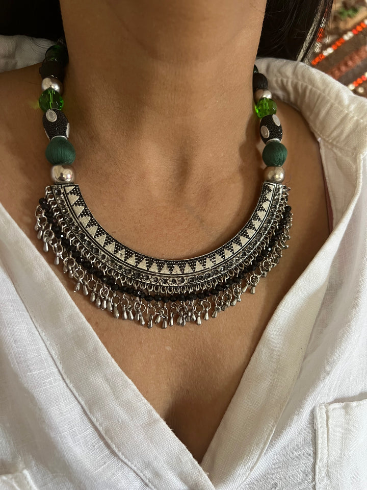 Handmade Brass and Thread Bead Tasseled Hasli Necklace for a Tribal Chic Vibe
