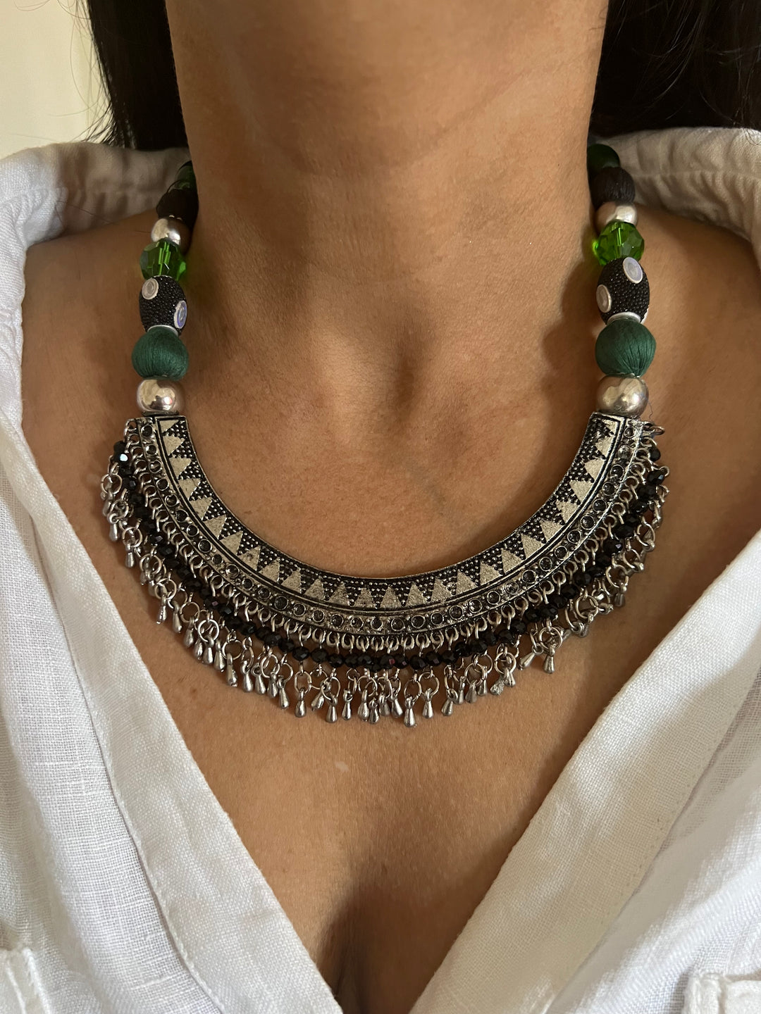 Handmade Brass and Thread Bead Tasseled Hasli Necklace for a Tribal Chic Vibe