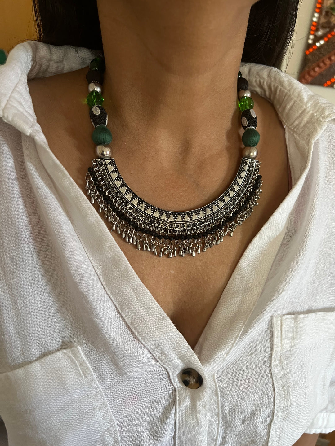 Handmade Brass and Thread Bead Tasseled Hasli Necklace for a Tribal Chic Vibe