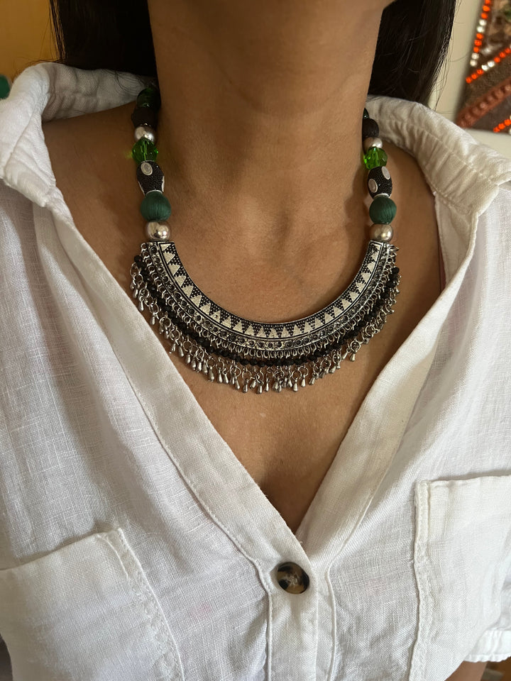 Handmade Brass and Thread Bead Tasseled Hasli Necklace for a Tribal Chic Vibe