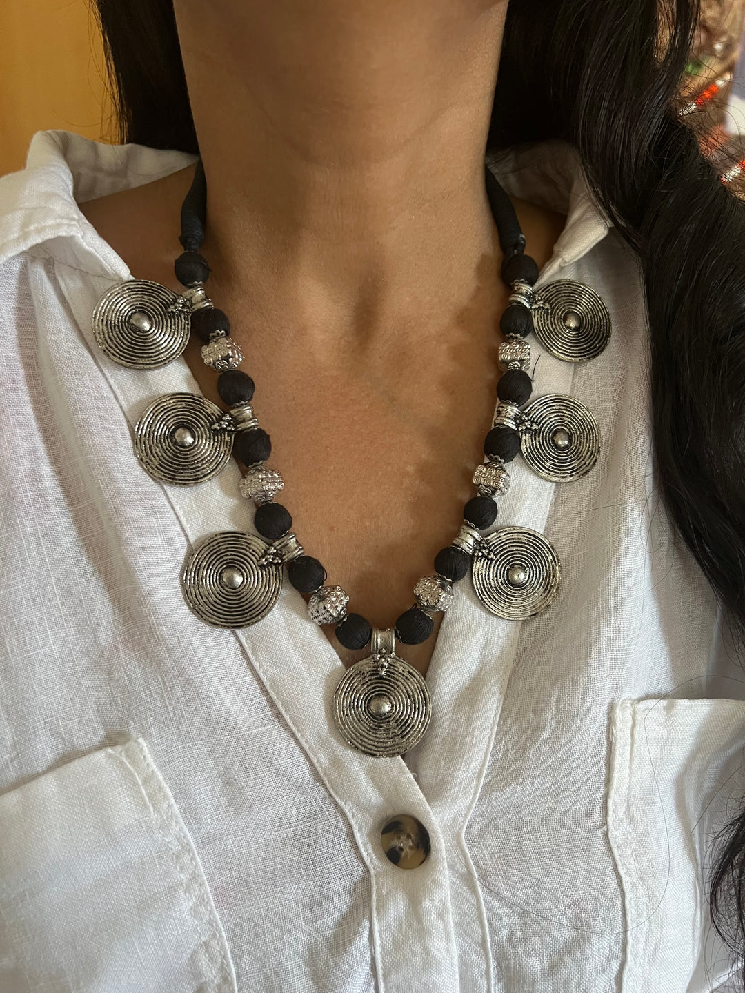 Handmade Brass and Thread Bead Tribal Coin Necklace – Embrace Tribal Elegance