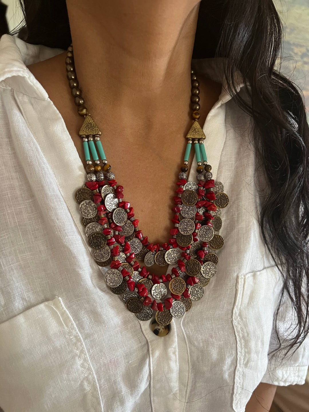 Handmade Brass and Bead Tribal Coin Necklace – Embrace Tribal Elegance