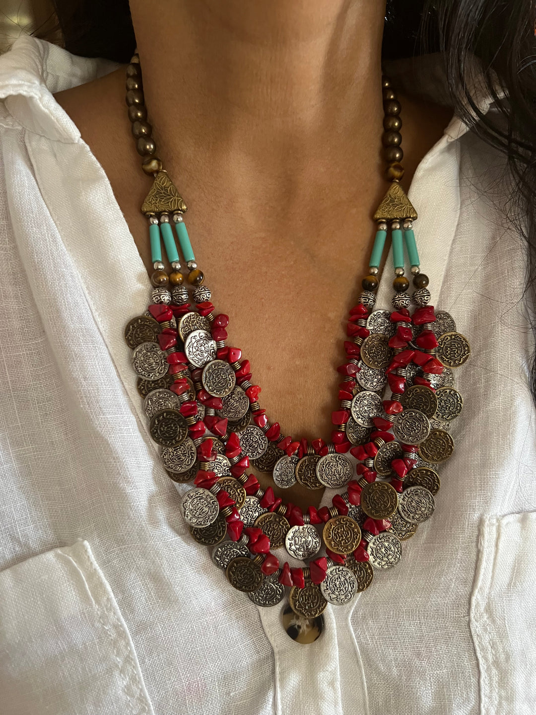 Handmade Brass and Bead Tribal Coin Necklace – Embrace Tribal Elegance