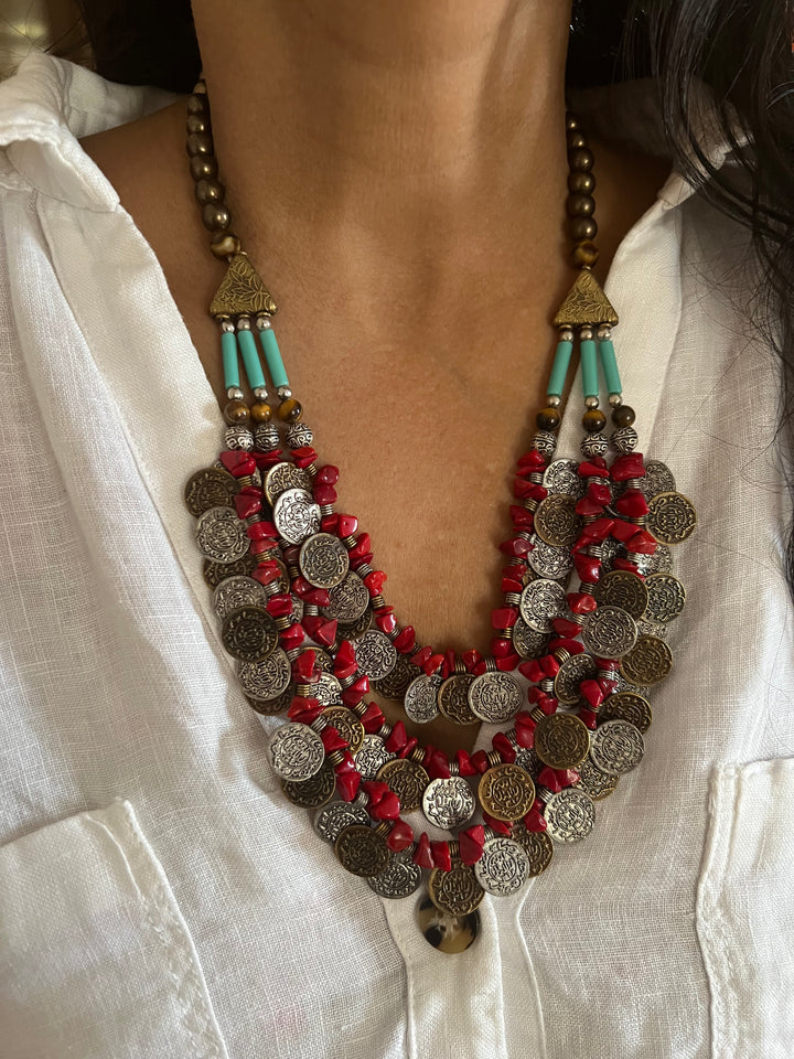 Handmade Brass and Bead Tribal Coin Necklace – Embrace Tribal Elegance