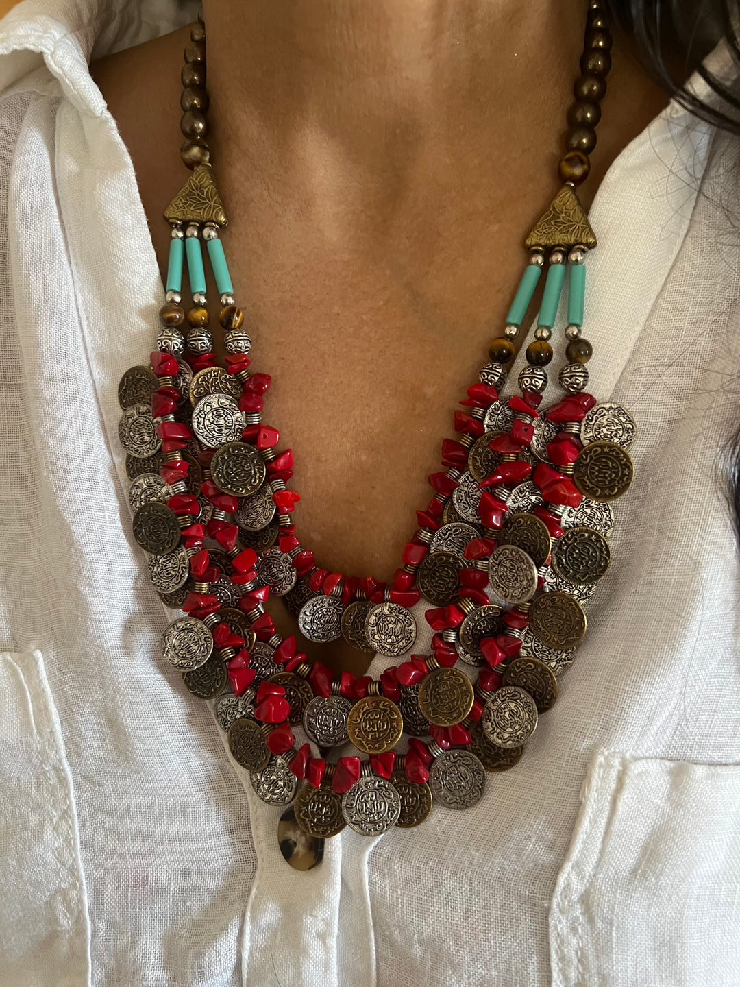 Handmade Brass and Bead Tribal Coin Necklace – Embrace Tribal Elegance