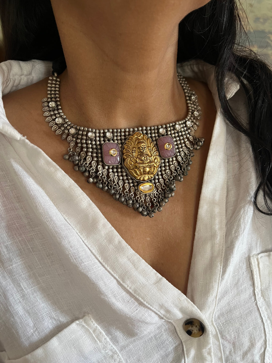 Vintage Fusion Brass Necklace with Ghungroos - Festive Elegance