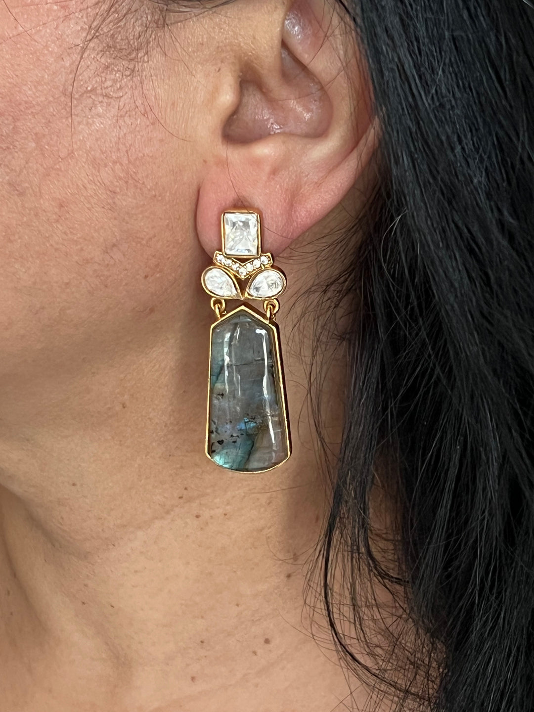 Labradorite and Polki Stone Earrings - Premium Quality, Exquisite Craftsmanship