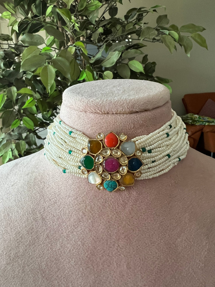 Navratna Pearls Choker with Statement Studs