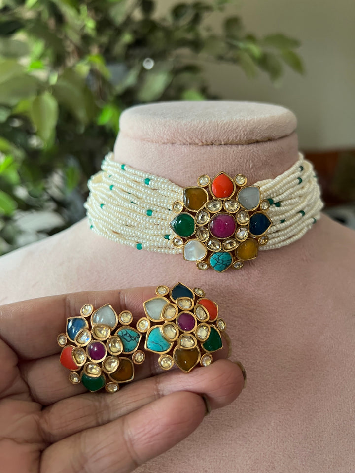 Navratna Pearls Choker with Statement Studs