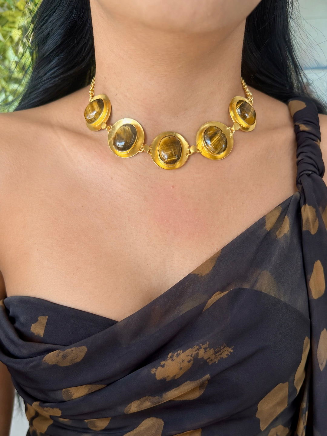 Tiger’s Eye Pod Gold-Tone Choker Necklace