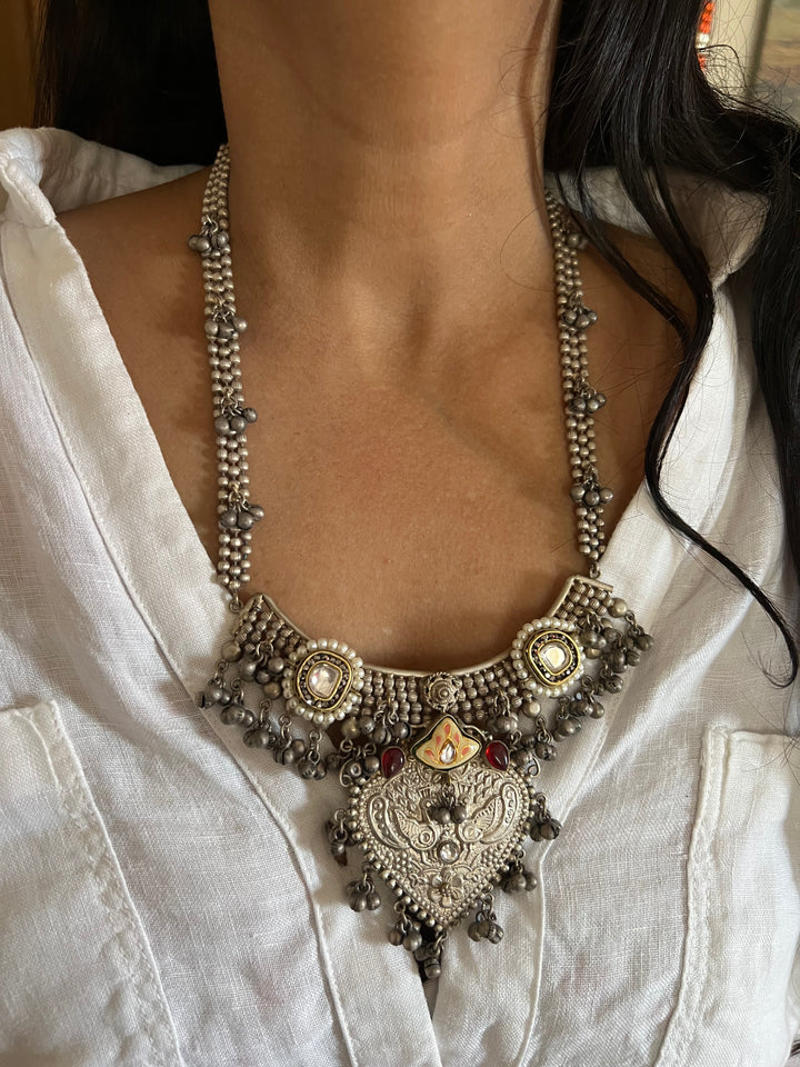 Vintage Fusion Brass Necklace with Ghungroos - Festive Elegance