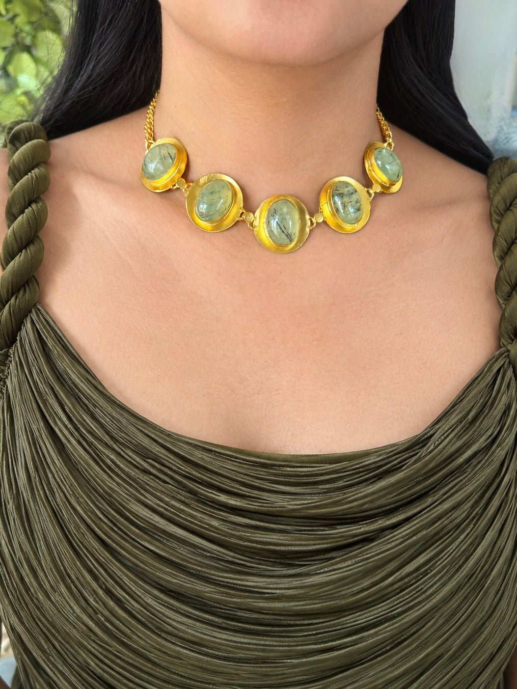 Prehnite Pod Gold-Tone Choker Necklace