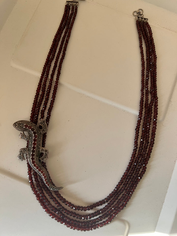 Garnet Lizard 925 Silver Necklace | SHIVKA | Statement Pendant Necklace for Elegant Royal Party Look