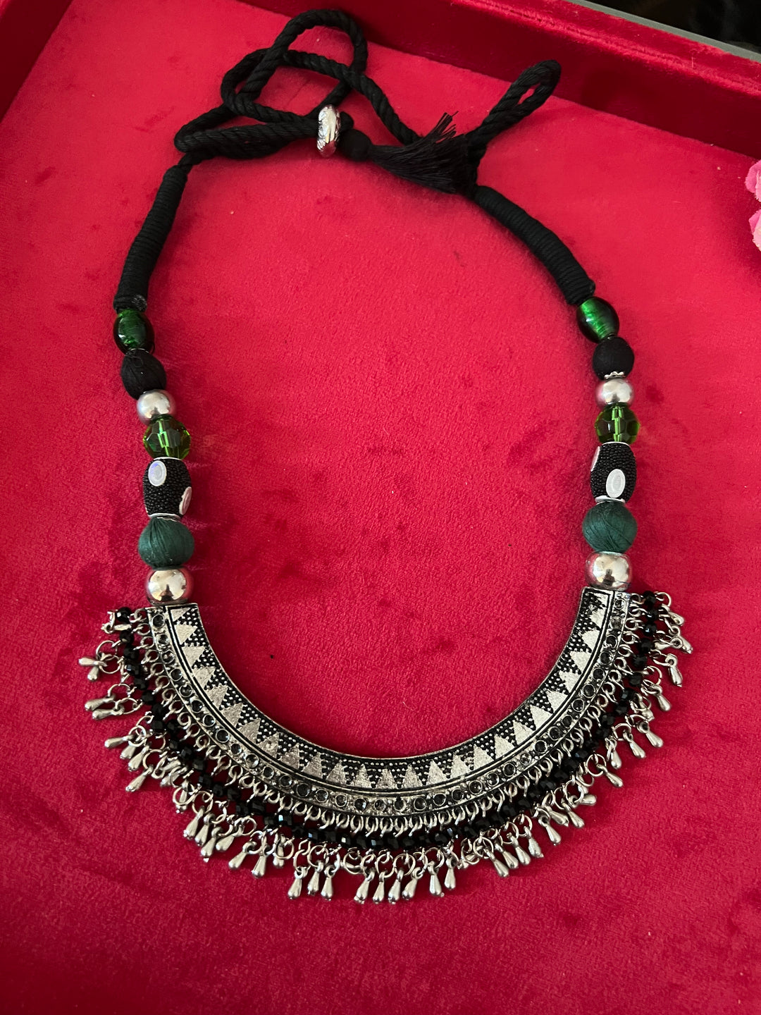 Handmade Brass and Thread Bead Tasseled Hasli Necklace for a Tribal Chic Vibe