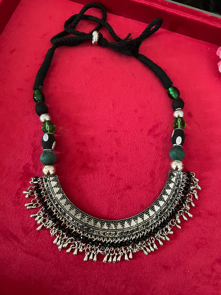Handmade Brass and Thread Bead Tasseled Hasli Necklace for a Tribal Chic Vibe