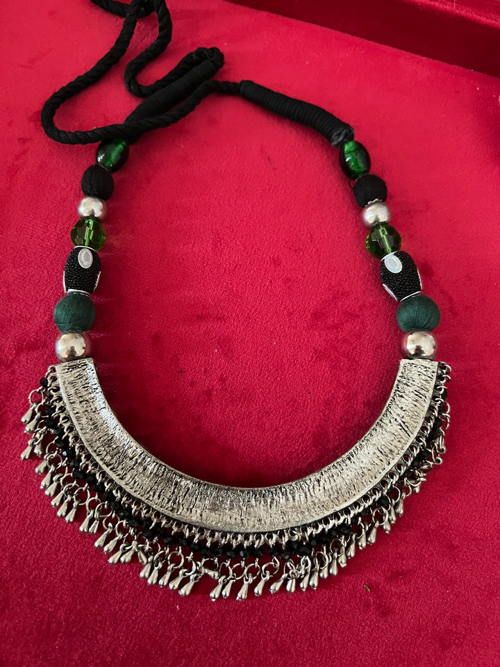 Handmade Brass and Thread Bead Tasseled Hasli Necklace for a Tribal Chic Vibe