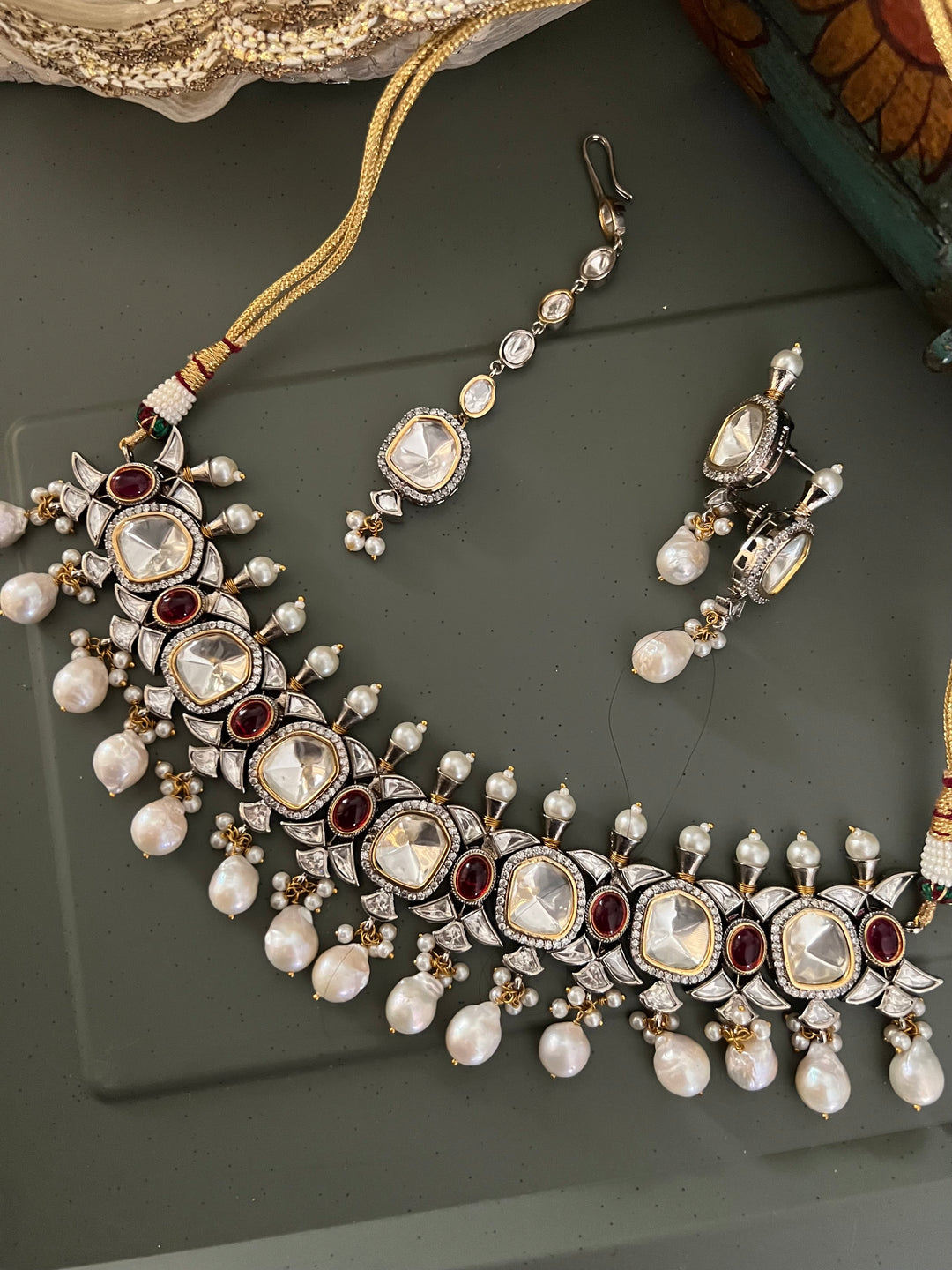 Victorian Stone Choker with Statement Earrings and Maangtikka