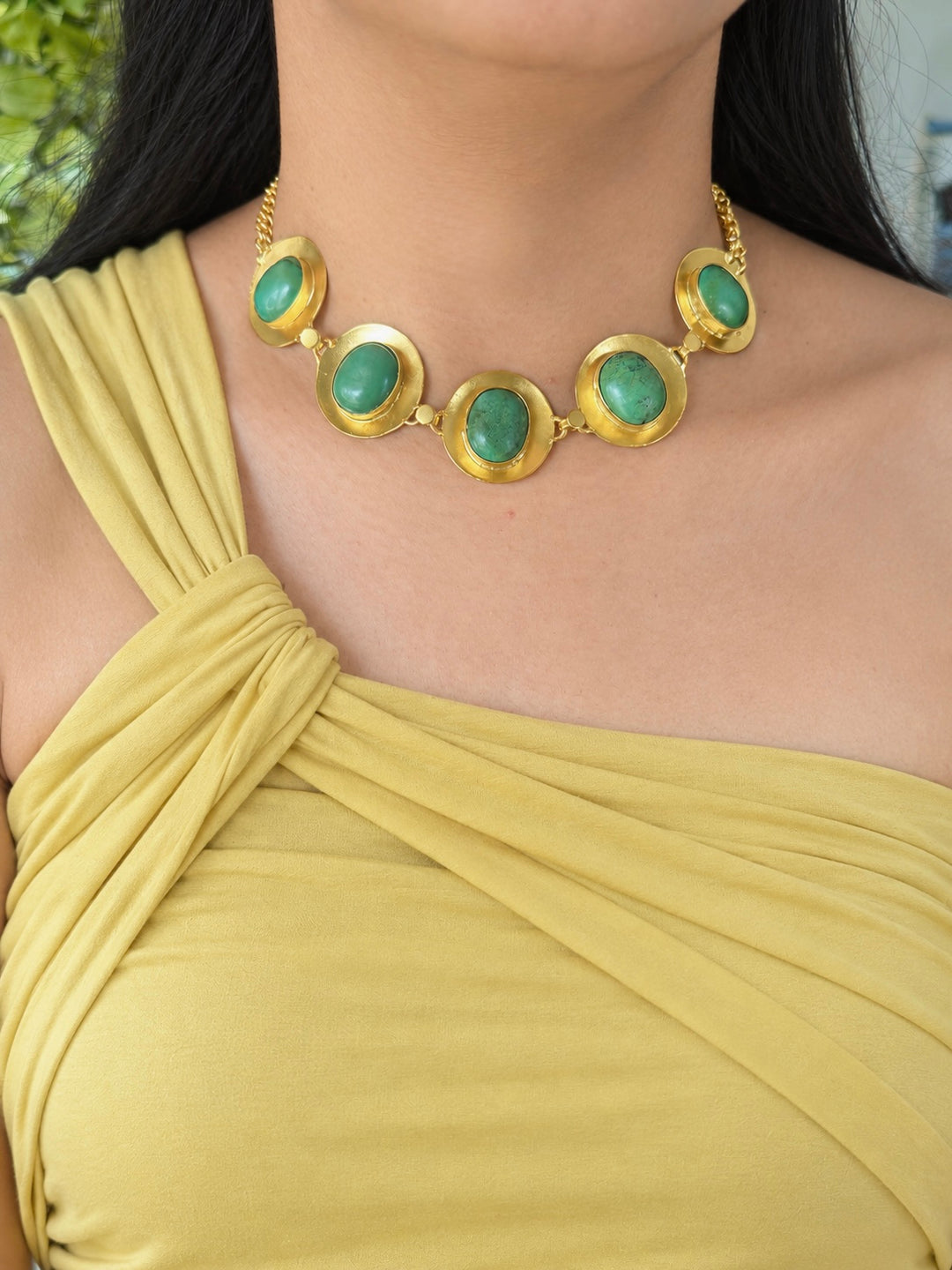 Green Tibetan Turquoise Pod Gold-Tone Choker Necklace