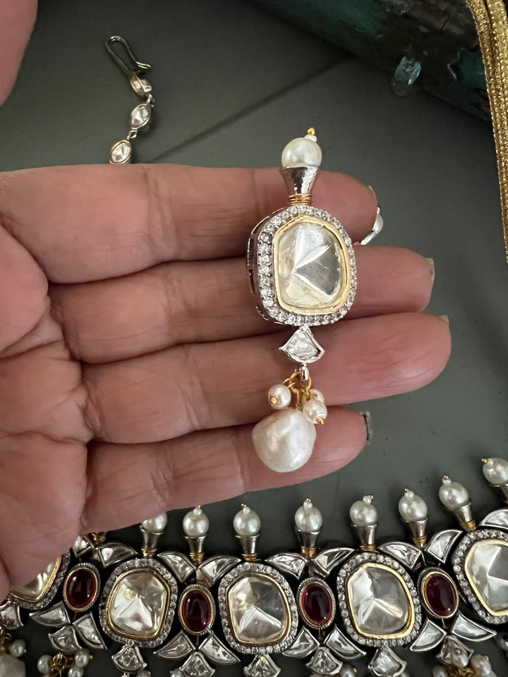 Victorian Stone Choker with Statement Earrings and Maangtikka