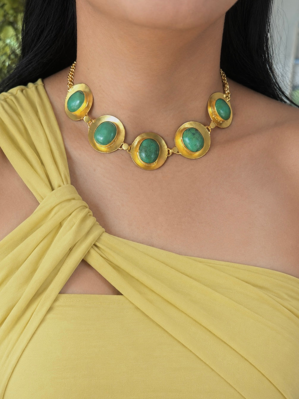 Green Tibetan Turquoise Pod Gold-Tone Choker Necklace