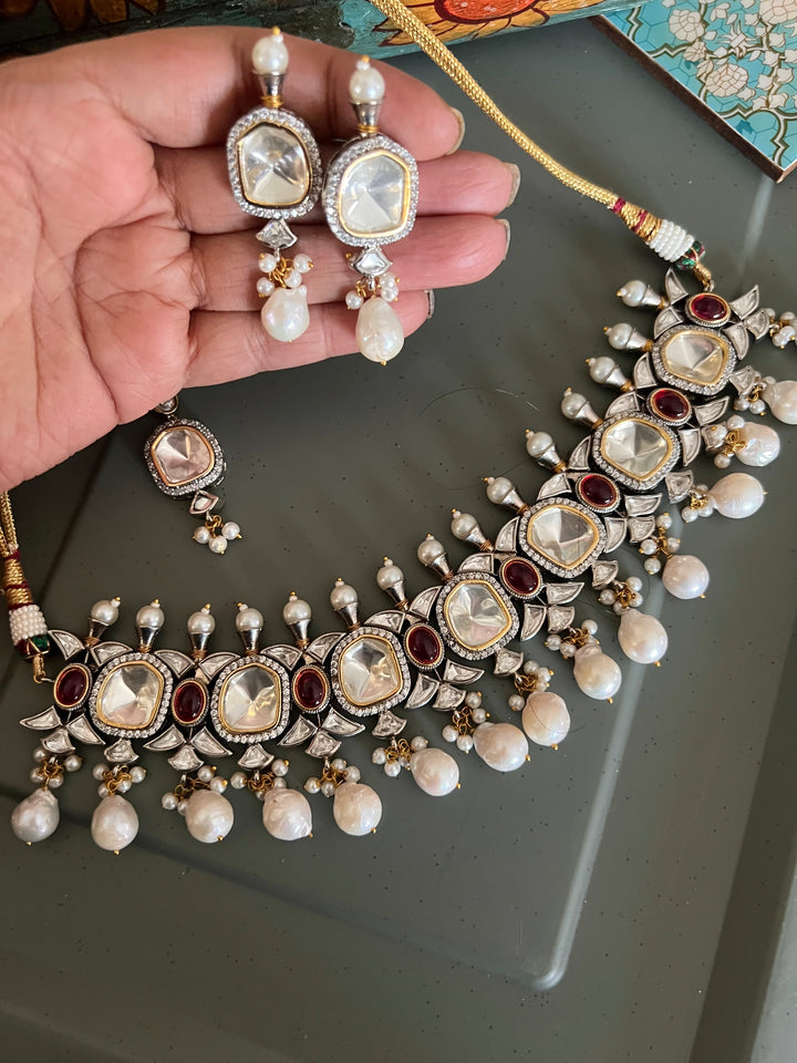 Victorian Stone Choker with Statement Earrings and Maangtikka