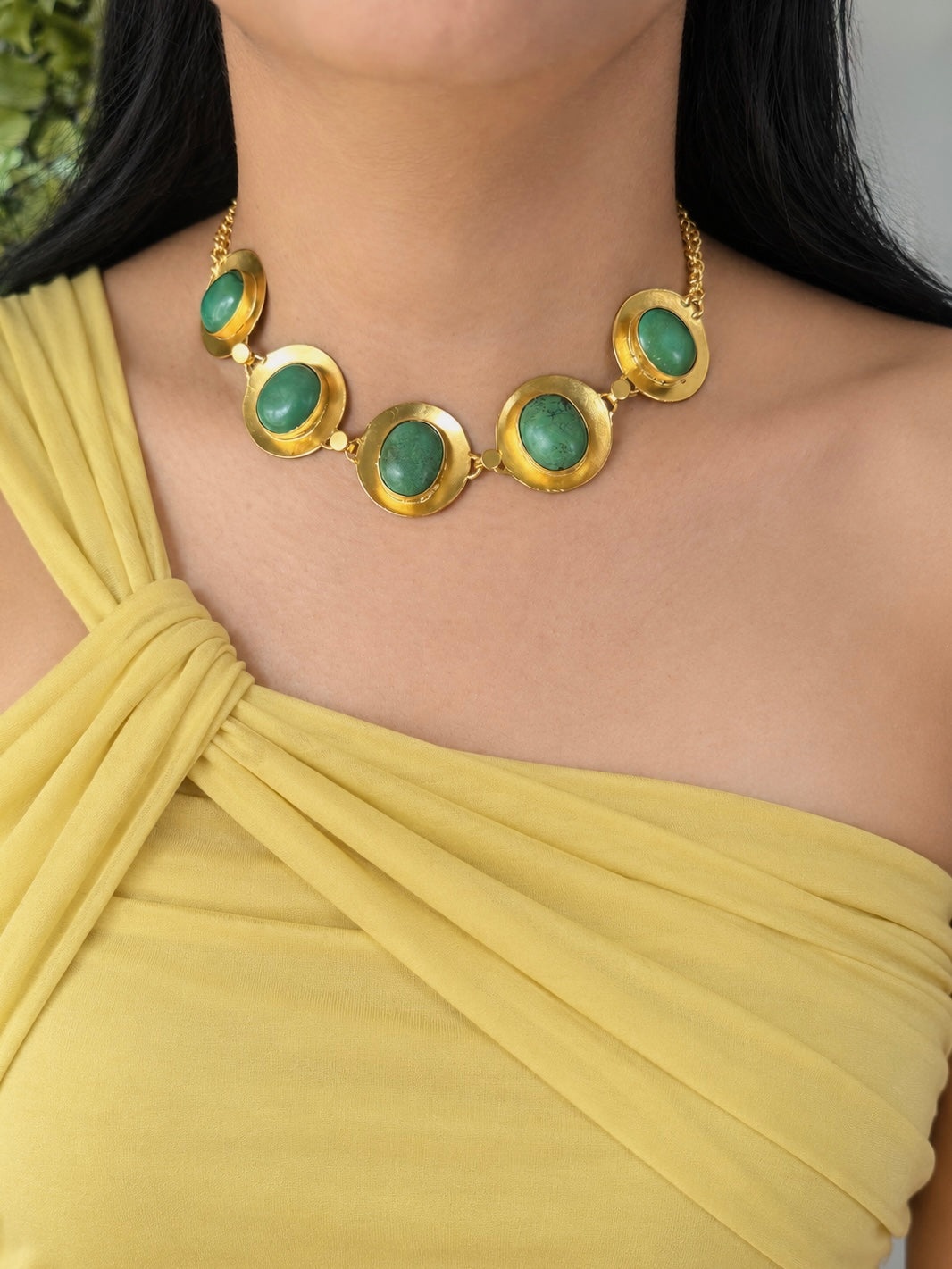 Green Tibetan Turquoise Pod Gold-Tone Choker Necklace