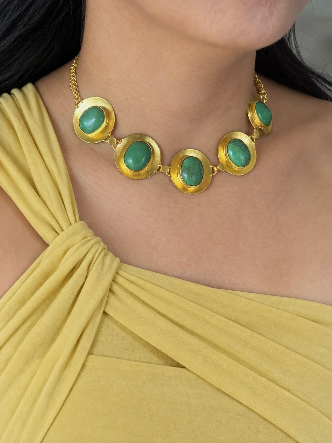 Green Tibetan Turquoise Pod Gold-Tone Choker Necklace
