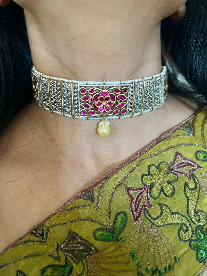 Fusion Silver Kundan Choker with Earrings