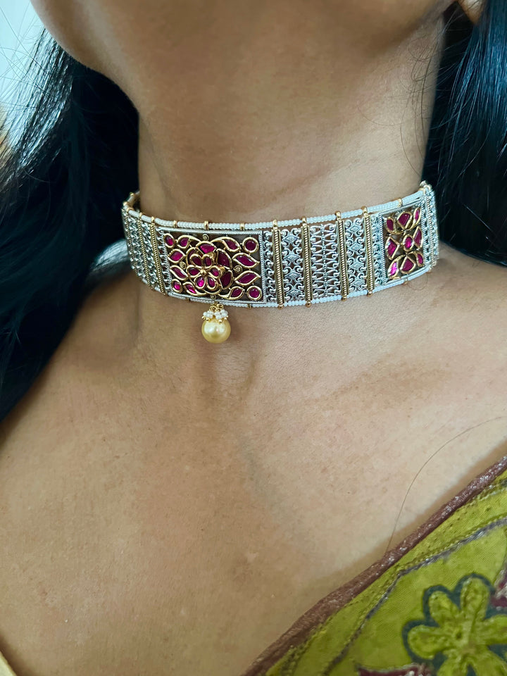 Fusion Silver Kundan Choker with Earrings