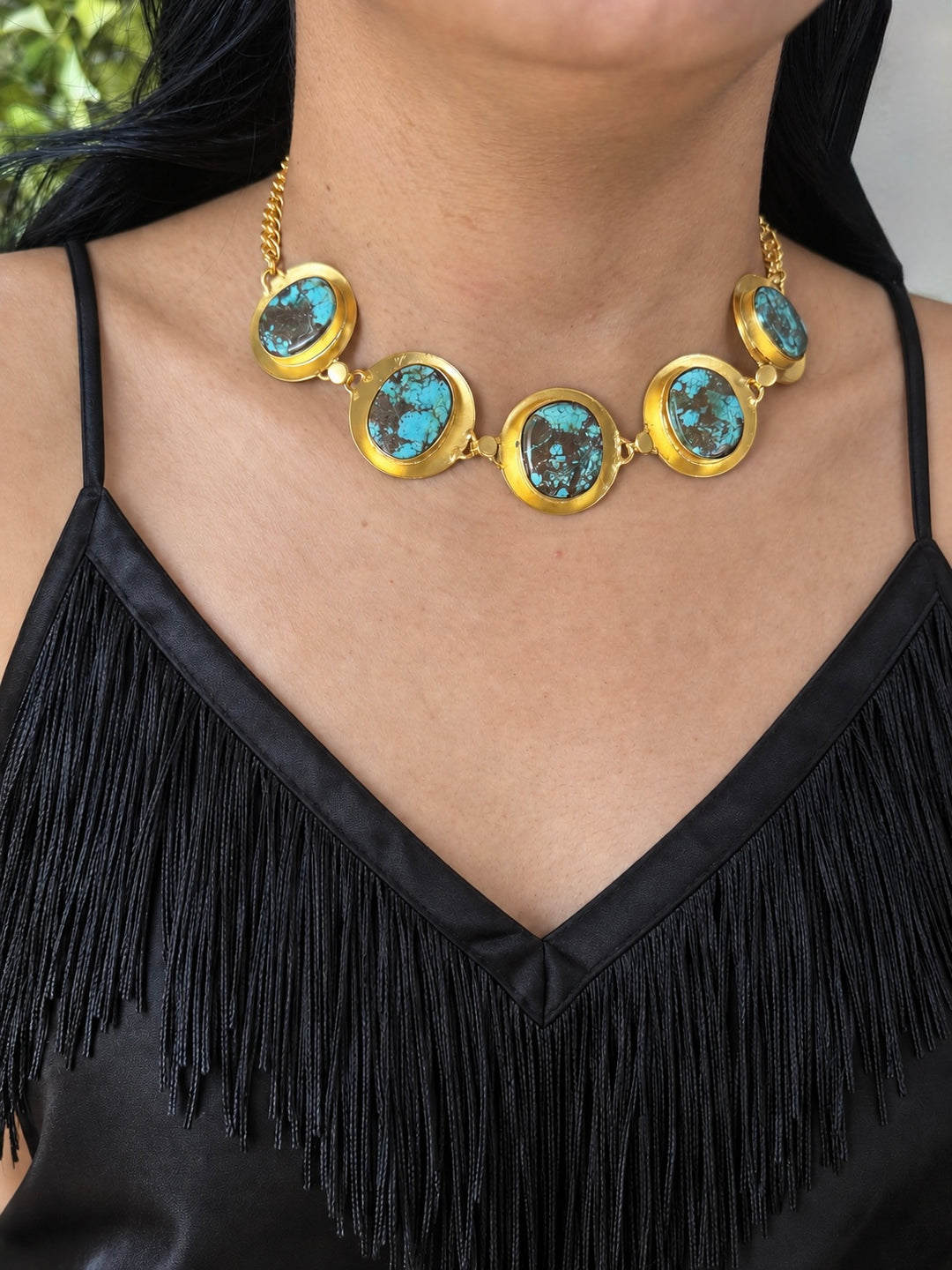 Tibetan Matrix Turquoise Pod Gold-Tone Choker Necklace