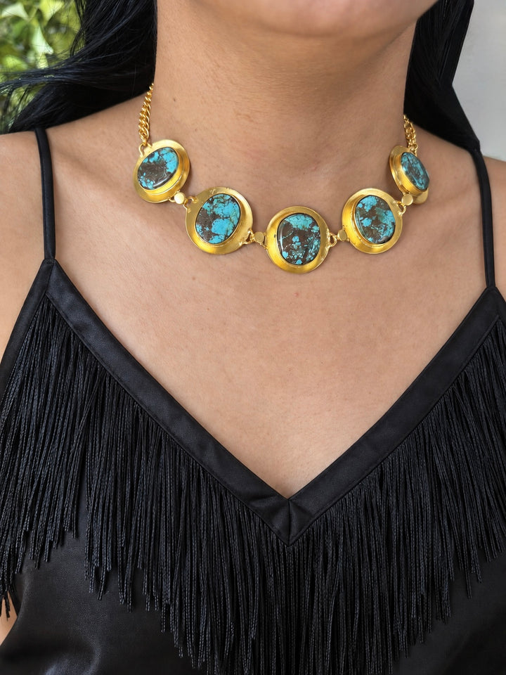 Tibetan Matrix Turquoise Pod Gold-Tone Choker Necklace