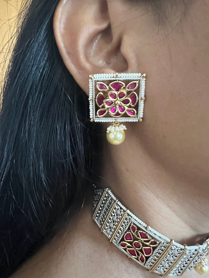 Fusion Silver Kundan Choker with Earrings