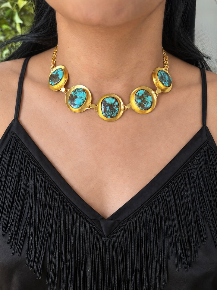 Tibetan Matrix Turquoise Pod Gold-Tone Choker Necklace