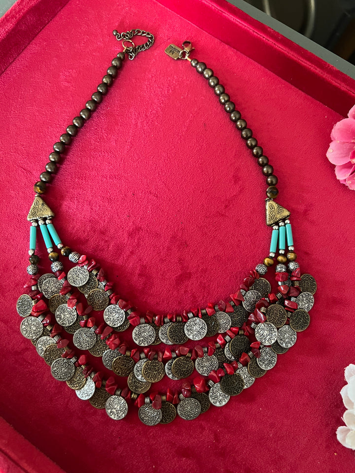 Handmade Brass and Bead Tribal Coin Necklace – Embrace Tribal Elegance