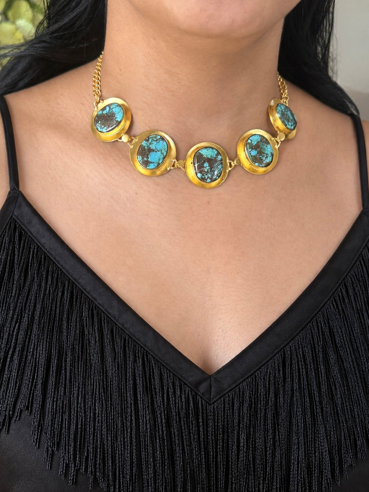 Tibetan Matrix Turquoise Pod Gold-Tone Choker Necklace