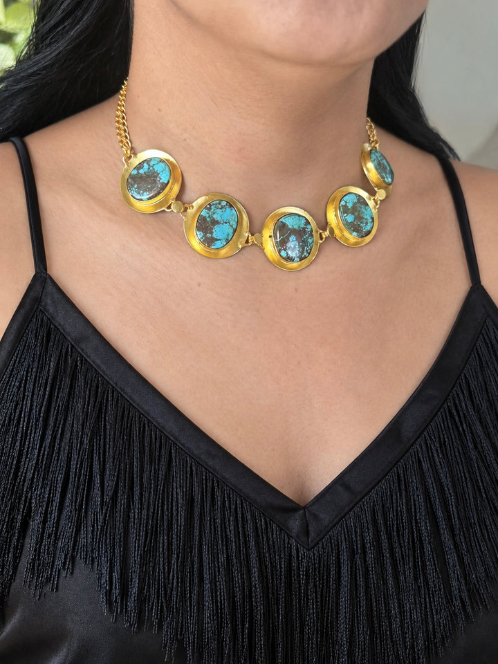 Tibetan Matrix Turquoise Pod Gold-Tone Choker Necklace