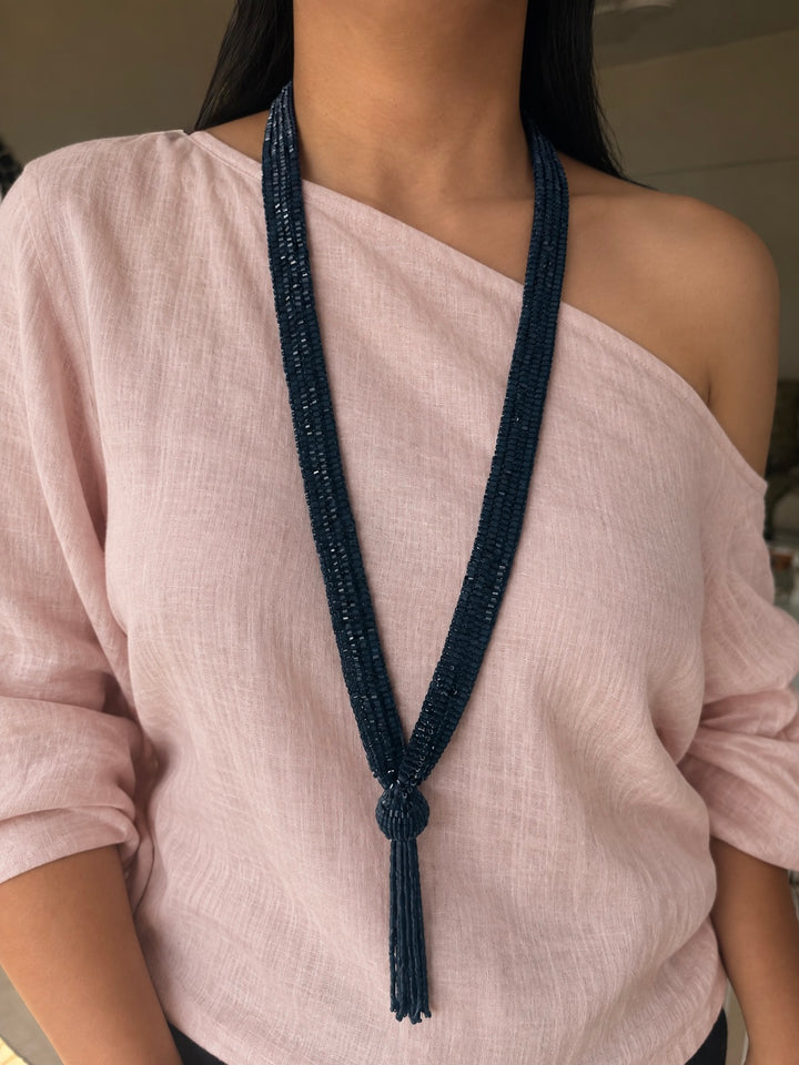 Navy Blue Beaded Tassel Long Necklace