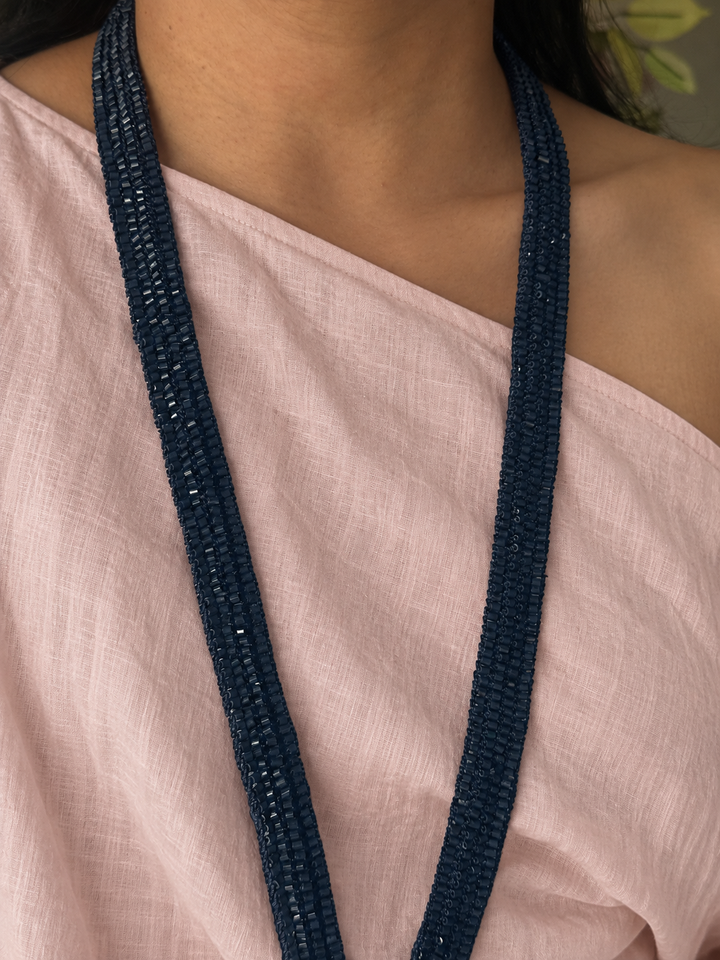 Navy Blue Beaded Tassel Long Necklace