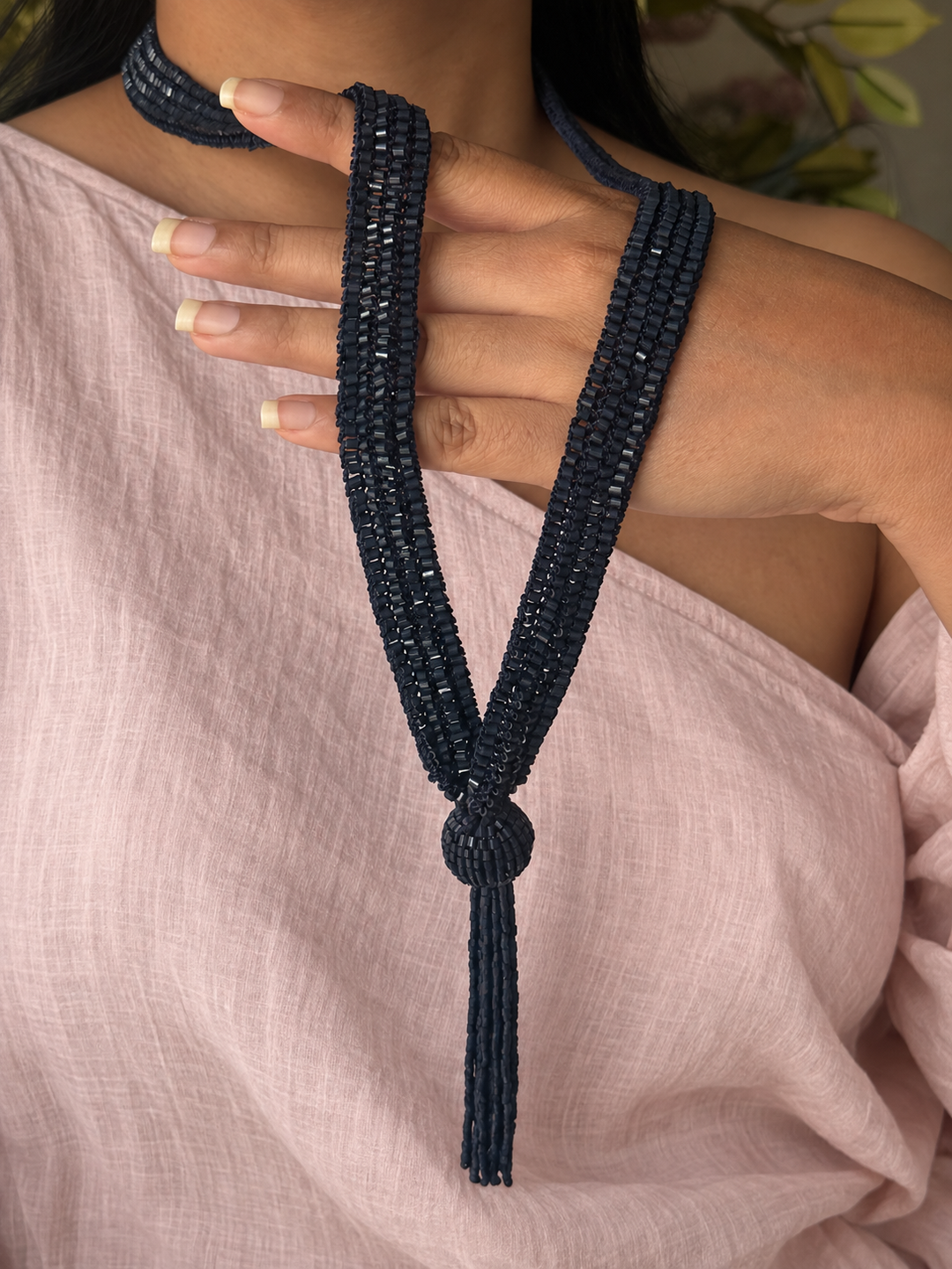 Navy Blue Beaded Tassel Long Necklace