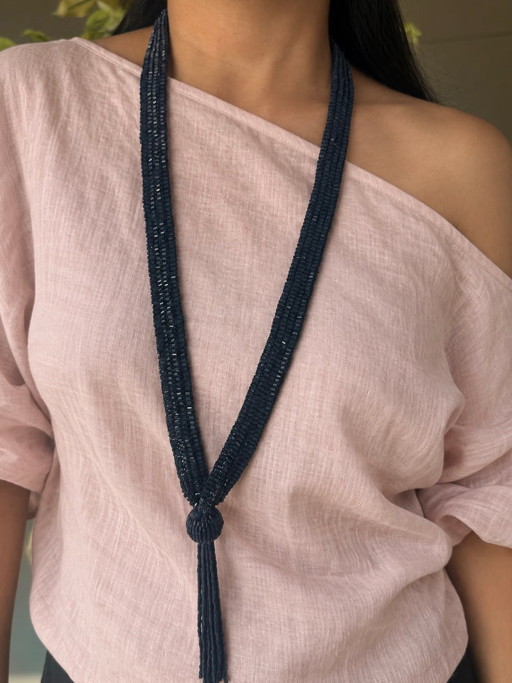 Navy Blue Beaded Tassel Long Necklace