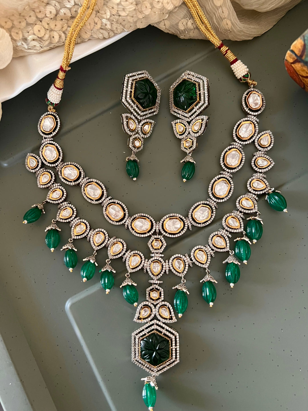 Dual Tone Kundan Necklace Set with Emerald Green Melon Beads