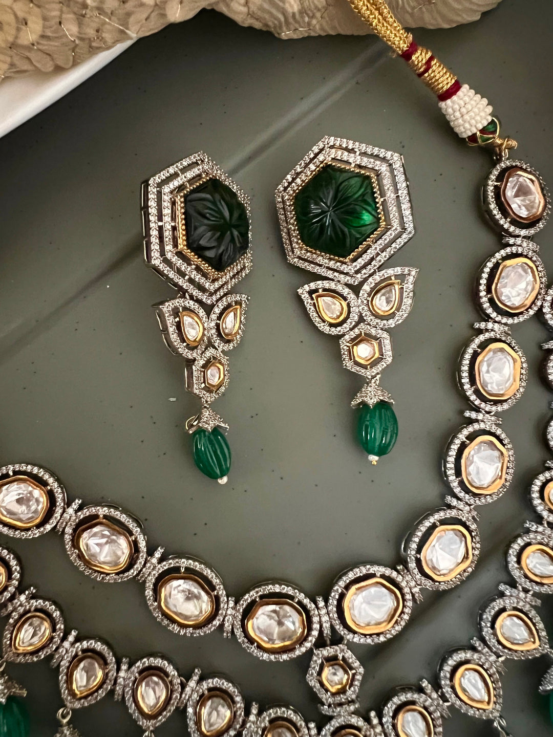 Dual Tone Kundan Necklace Set with Emerald Green Melon Beads