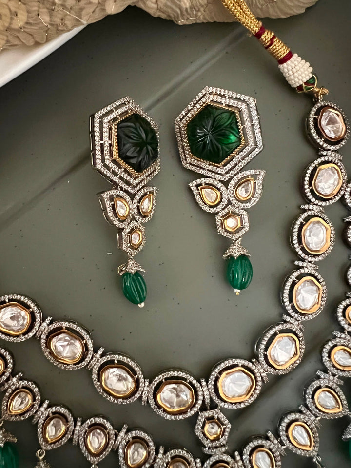 Dual Tone Kundan Necklace Set with Emerald Green Melon Beads