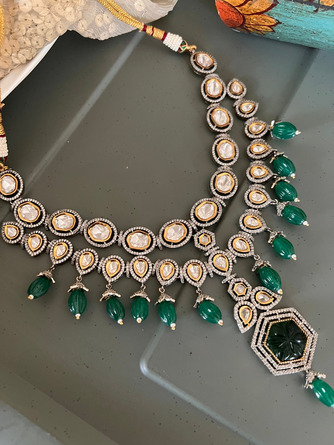 Dual Tone Kundan Necklace Set with Emerald Green Melon Beads