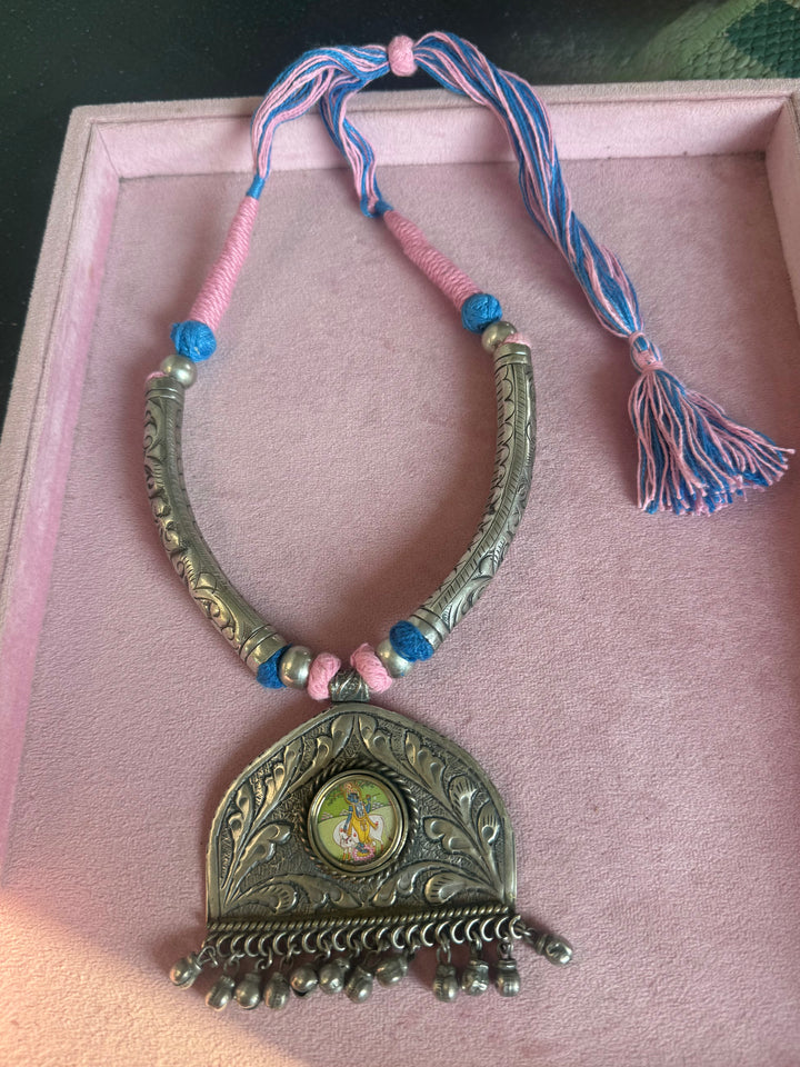 Hand-Painted Krishna Tribal Pendant Necklace