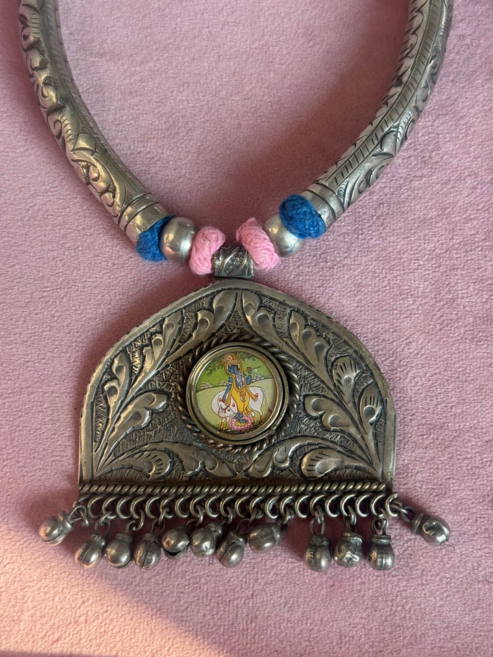 Hand-Painted Krishna Tribal Pendant Necklace