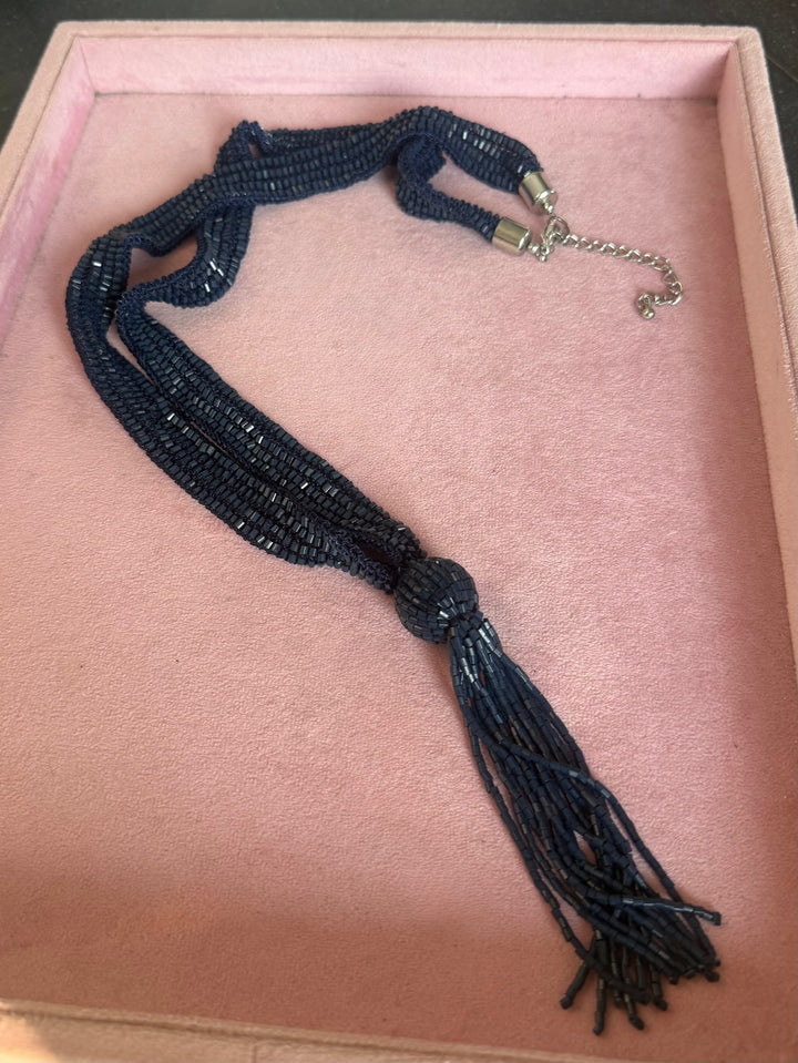 Navy Blue Beaded Tassel Long Necklace