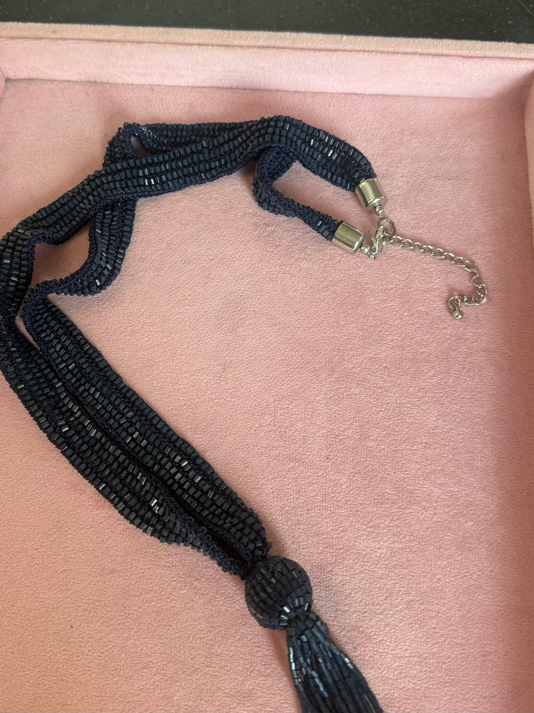 Navy Blue Beaded Tassel Long Necklace