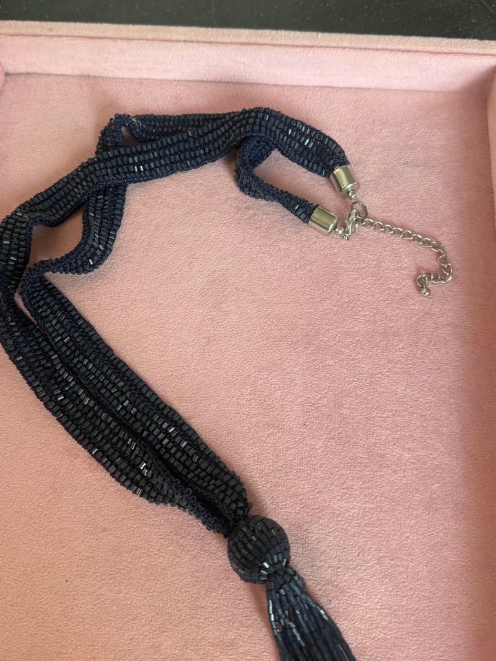Navy Blue Beaded Tassel Long Necklace