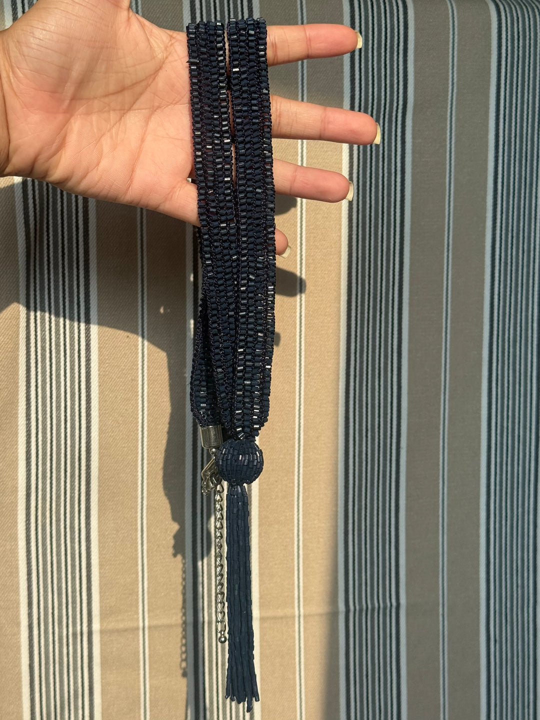 Navy Blue Beaded Tassel Long Necklace